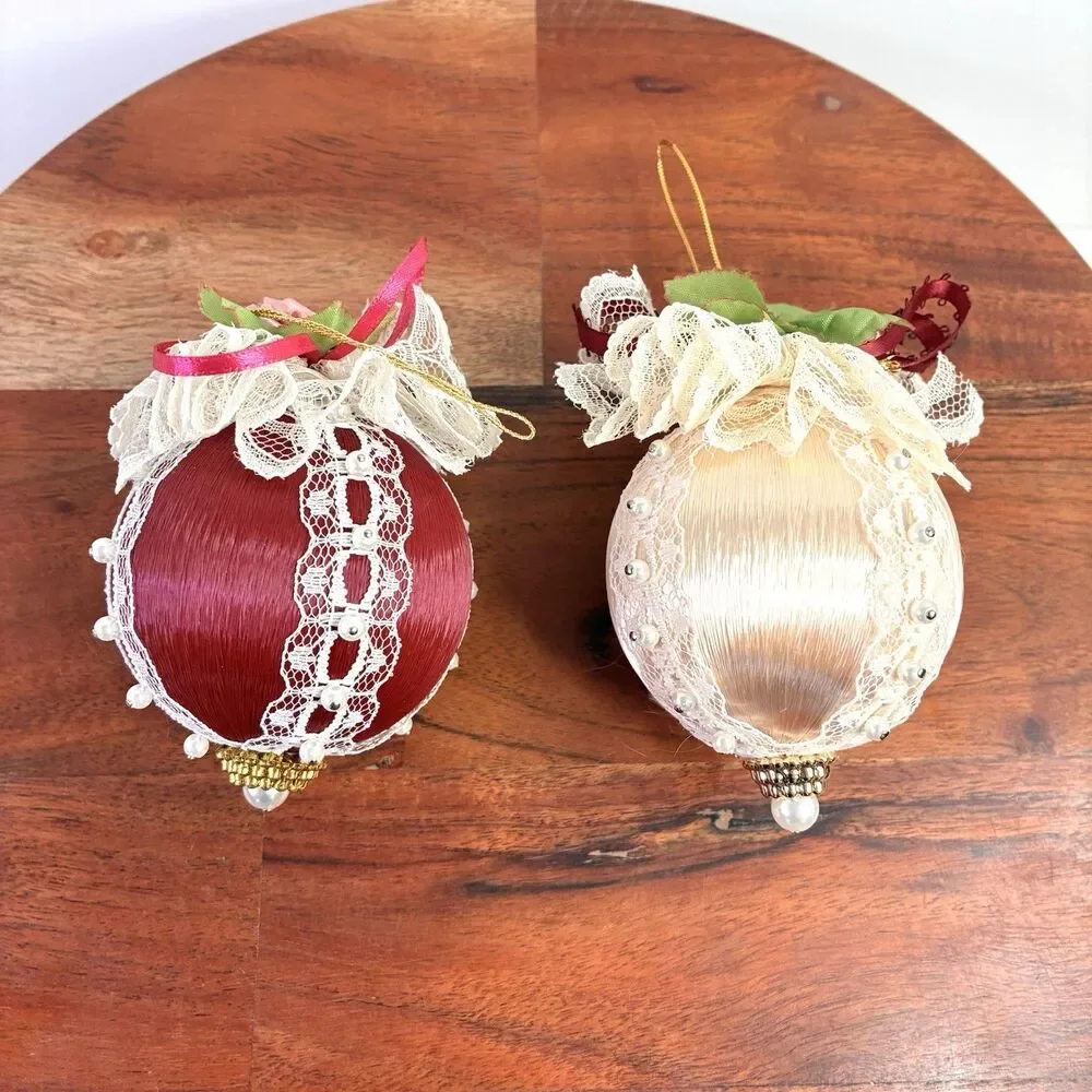 Lot of 4 Vintage Beaded Pushpin Christmas Ornaments Sequins Roses Lace